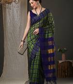 Green and blue silk blend checks style saree with blouse