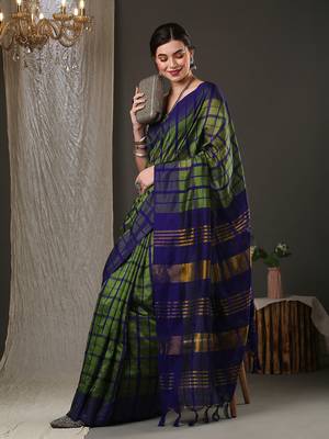 Green and blue silk blend checks style saree with blouse 2