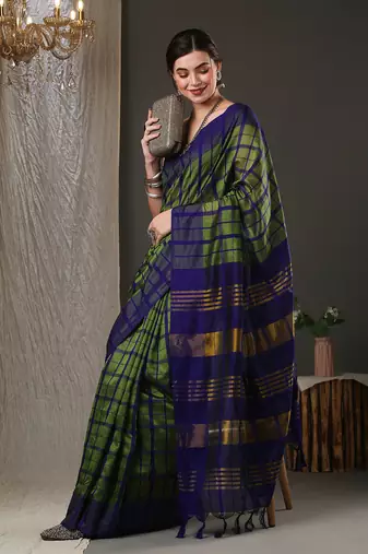 Green and blue silk blend checks style saree with blouse