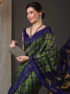 Green and blue silk blend checks style saree with blouse 3