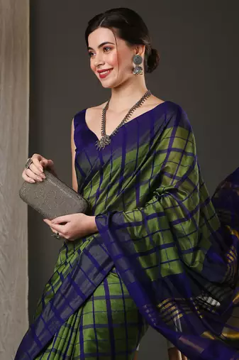 Green and blue silk blend checks style saree with blouse