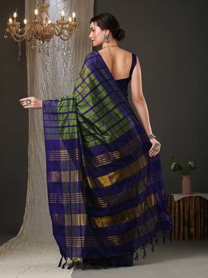 Green and blue silk blend checks style saree with blouse 4