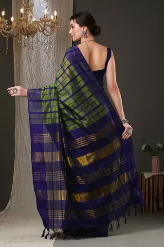 Green and blue silk blend checks style saree with blouse