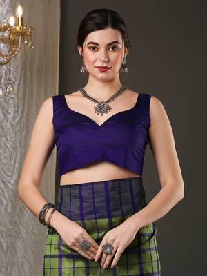 Green and blue silk blend checks style saree with blouse 5