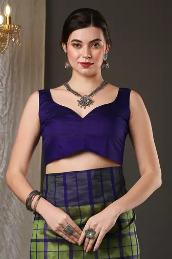 Green and blue silk blend checks style saree with blouse