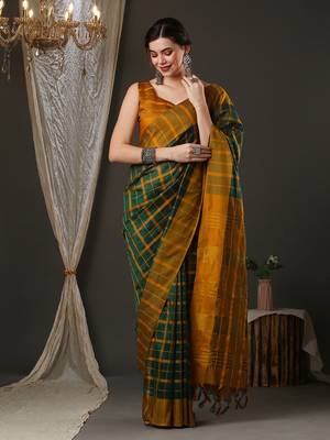 green silk blend checks style saree with blouse 1