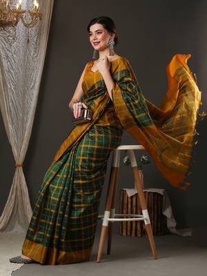 green silk blend checks style saree with blouse 2