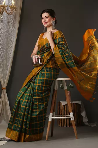 green silk blend checks style saree with blouse