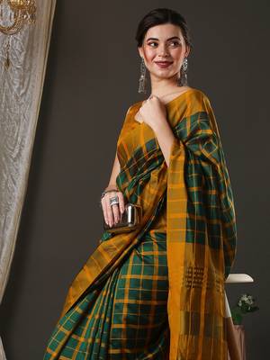 green silk blend checks style saree with blouse 3