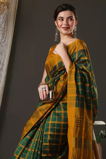 green silk blend checks style saree with blouse