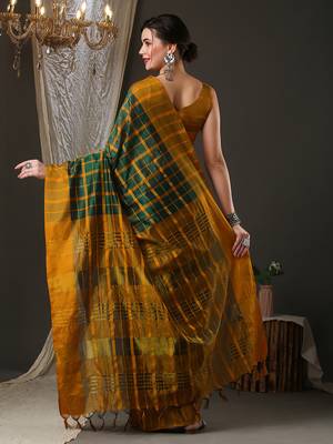 green silk blend checks style saree with blouse 4