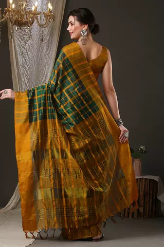 green silk blend checks style saree with blouse