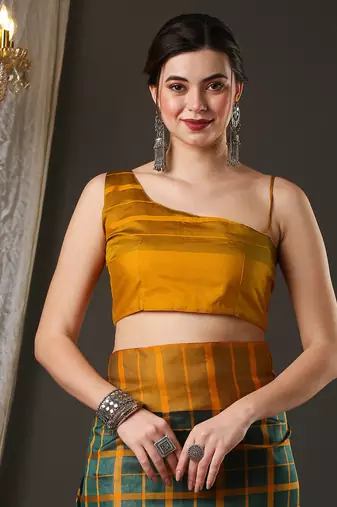 green silk blend checks style saree with blouse