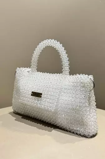 white real glass crystal embellished handheldbag