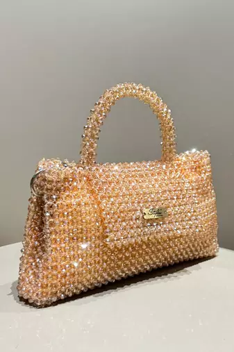 peach real glass crystal embellished handheldbag