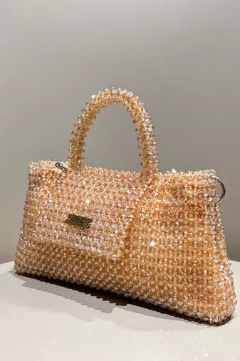 peach real glass crystal embellished handheldbag