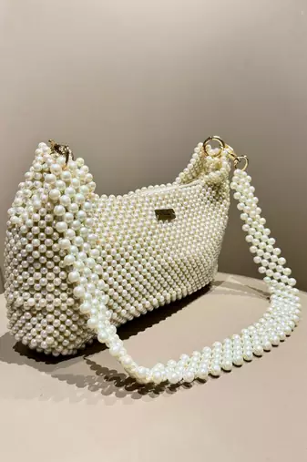 pearl white real glass pearl embellished handheldbag