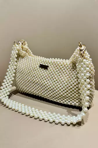 pearl white real glass pearl embellished handheldbag