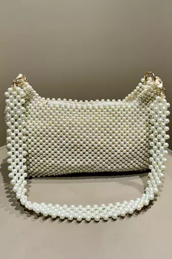 pearl white real glass pearl embellished handheldbag