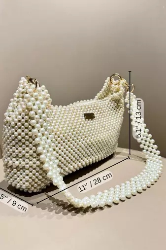pearl white real glass pearl embellished handheldbag