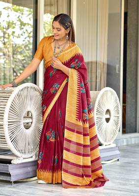 Red mulcotton kalamkari block print saree with unstitched blouse piece 1