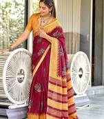 Red mulcotton kalamkari block print saree with unstitched blouse piece