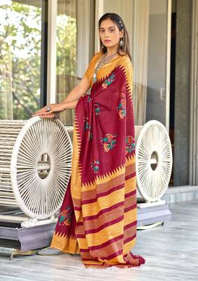 Red mulcotton kalamkari block print saree with unstitched blouse piece 2