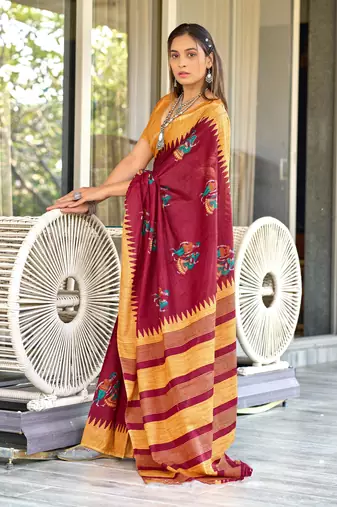 Red mulcotton kalamkari block print saree with unstitched blouse piece