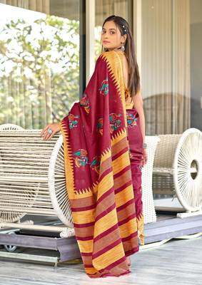 Red mulcotton kalamkari block print saree with unstitched blouse piece 3