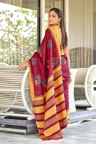 Red mulcotton kalamkari block print saree with unstitched blouse piece