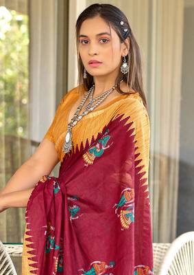 Red mulcotton kalamkari block print saree with unstitched blouse piece 4