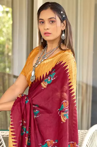 Red mulcotton kalamkari block print saree with unstitched blouse piece