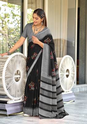 Black mulcotton kalamkari block print saree with unstitched blouse piece 1
