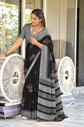 Black mulcotton kalamkari block print saree with unstitched blouse piece