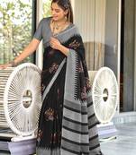 Black mulcotton kalamkari block print saree with unstitched blouse piece