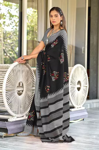 Black mulcotton kalamkari block print saree with unstitched blouse piece