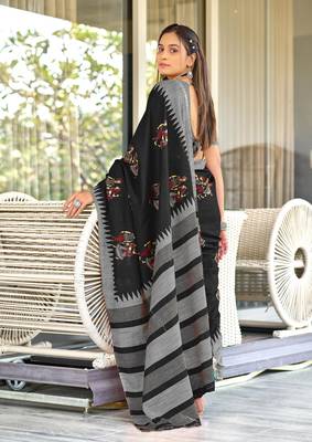 Black mulcotton kalamkari block print saree with unstitched blouse piece 3
