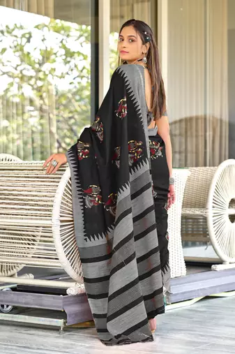 Black mulcotton kalamkari block print saree with unstitched blouse piece