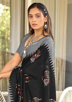 Black mulcotton kalamkari block print saree with unstitched blouse piece 4