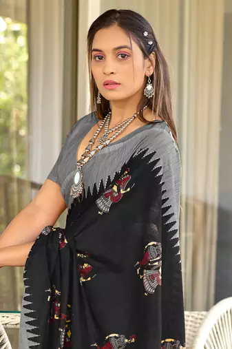 Black mulcotton kalamkari block print saree with unstitched blouse piece