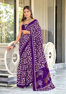 Purple mulcotton hand block print saree with unstitched blouse piece 1