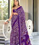 Purple mulcotton hand block print saree with unstitched blouse piece