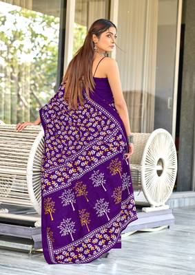 Purple mulcotton hand block print saree with unstitched blouse piece 2