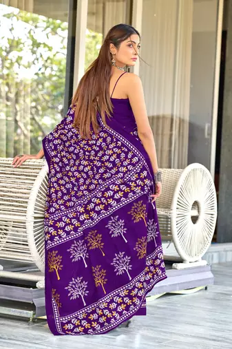 Purple mulcotton hand block print saree with unstitched blouse piece