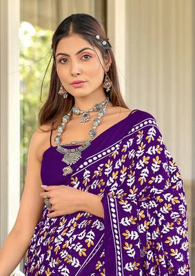 Purple mulcotton hand block print saree with unstitched blouse piece 3