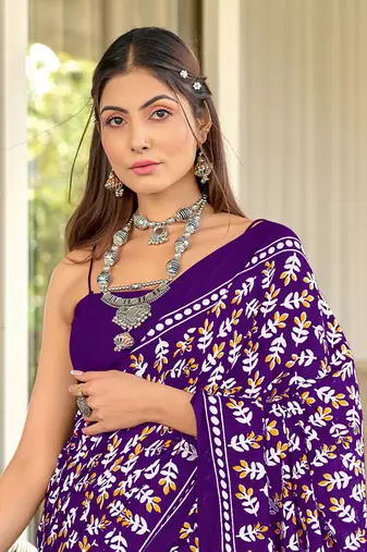 Purple mulcotton hand block print saree with unstitched blouse piece