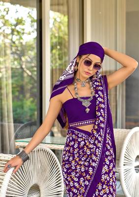 Purple mulcotton hand block print saree with unstitched blouse piece 4