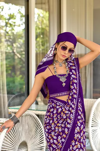 Purple mulcotton hand block print saree with unstitched blouse piece
