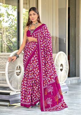 Pink mulcotton hand block print saree with unstitched blouse piece 1