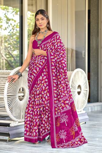 Pink mulcotton hand block print saree with unstitched blouse piece